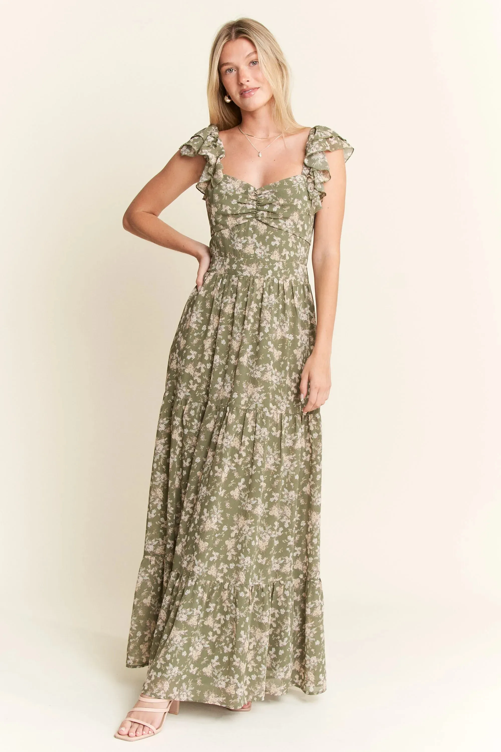Jade By Jane Ruffle Sleeve Tiered Maxi Dress sold by Charming Charlie