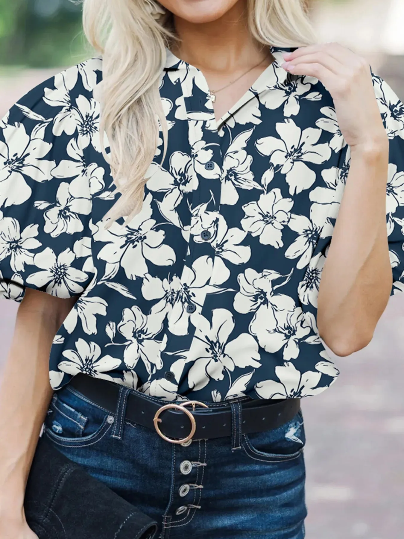 Floral Short Puff Sleeve Shirt sold by Charming Charlie product image thumbnail 2