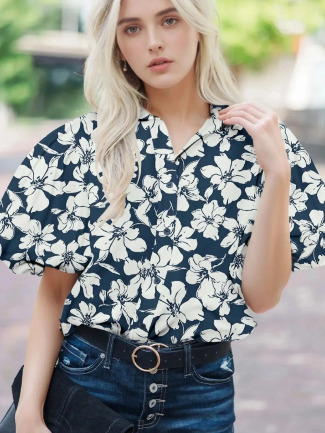 Floral Short Puff Sleeve Shirt sold by Charming Charlie
