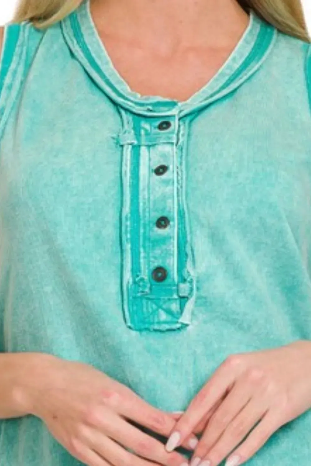 Zenana Washed Half-Button Raw Edge Sleeveless Henley Top sold by Charming Charlie product image thumbnail 3