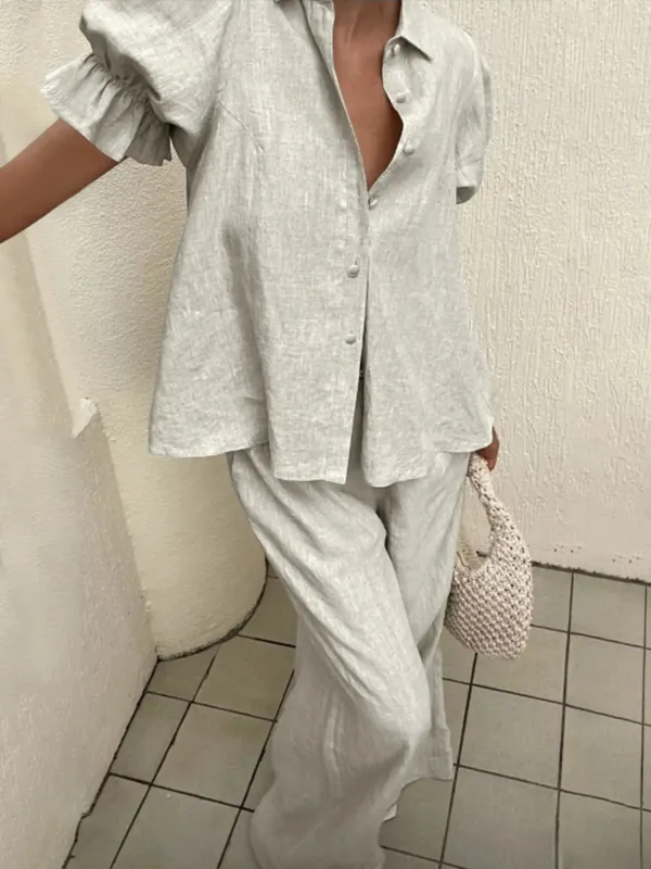 Plus Size Button-Down Shirt and Wide-Leg Pants Set sold by Charming Charlie