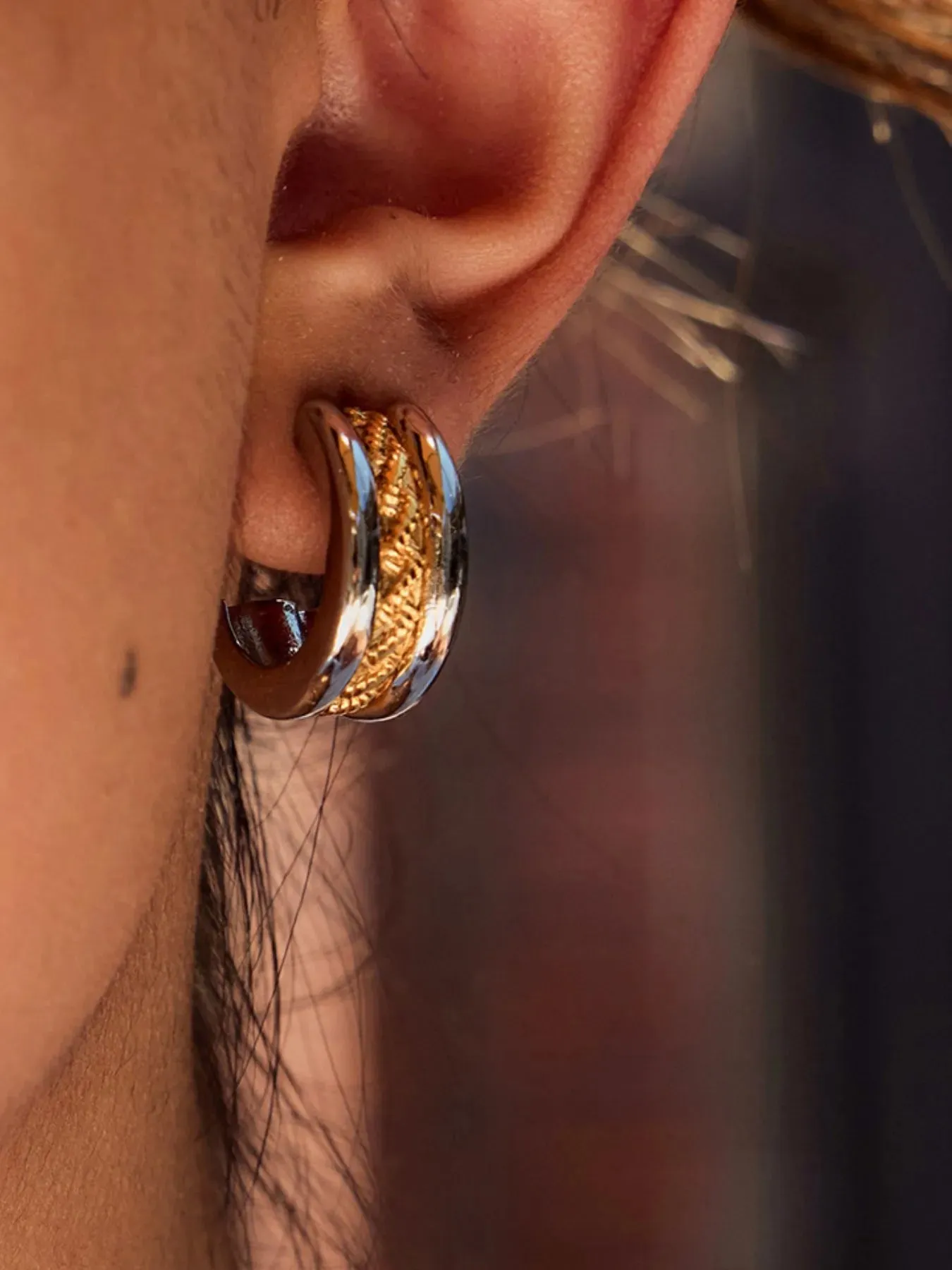 Stainless Steel Two-Tone Textured Hoop Earrings sold by Charming Charlie