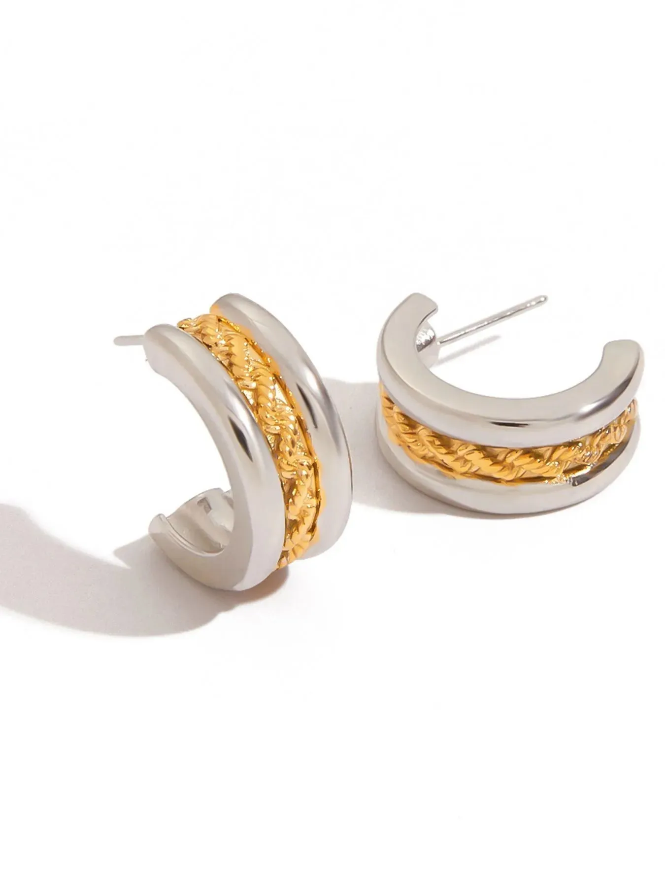 Stainless Steel Two-Tone Textured Hoop Earrings sold by Charming Charlie product image thumbnail 3