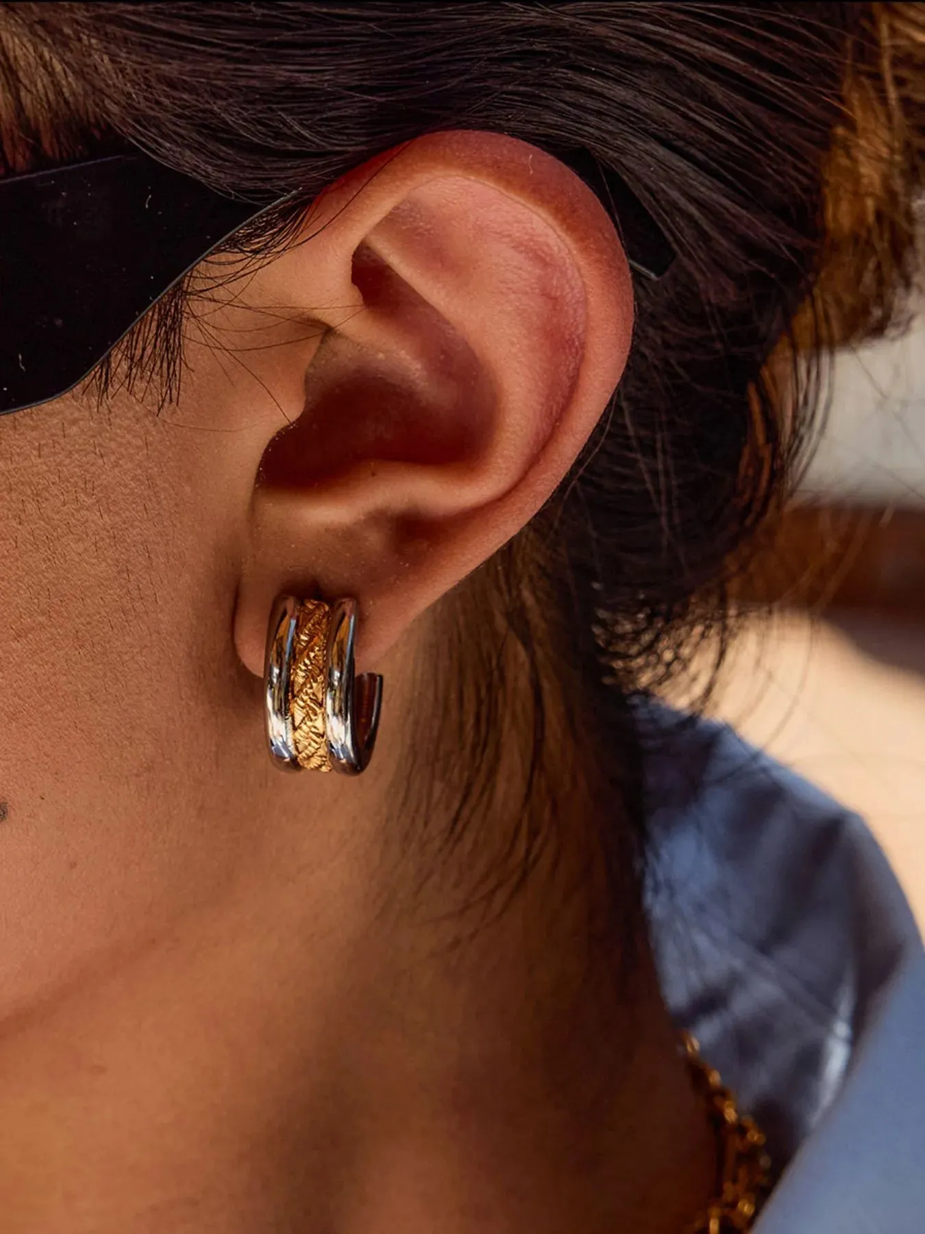 Stainless Steel Two-Tone Textured Hoop Earrings sold by Charming Charlie product image thumbnail 2