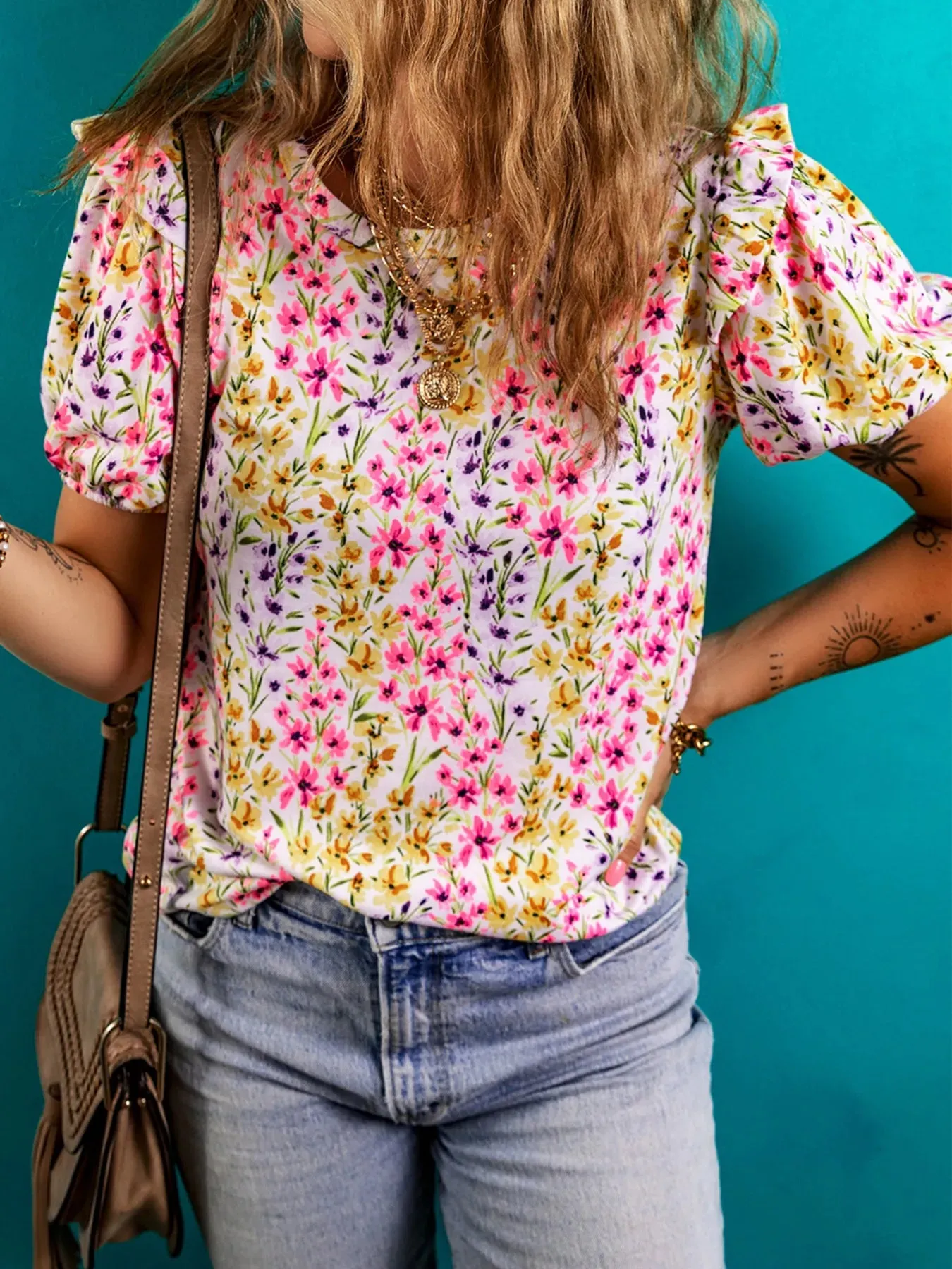 Floral Puff Sleeve Crewneck Blouse sold by Charming Charlie product image thumbnail 3