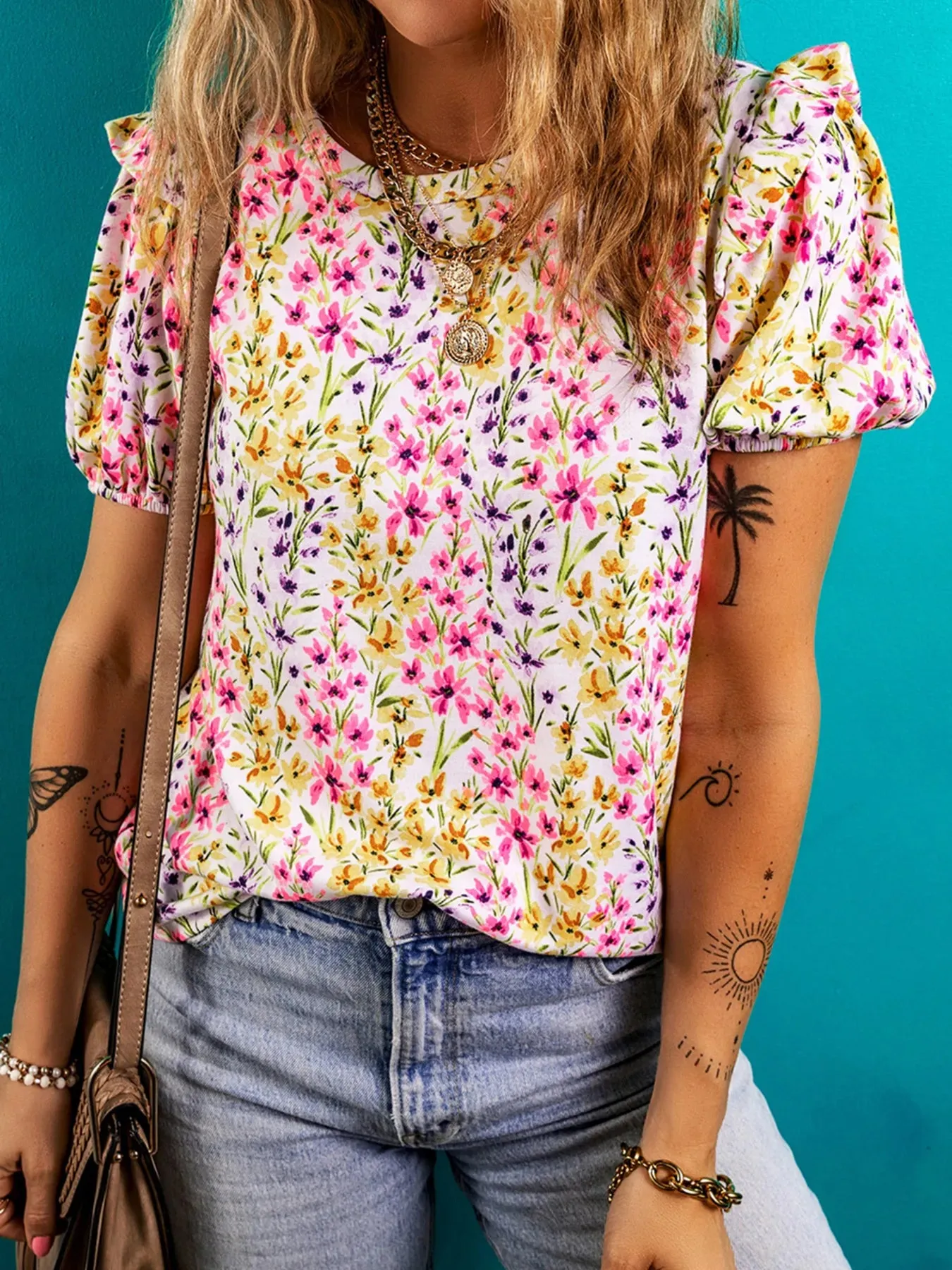 Floral Puff Sleeve Crewneck Blouse sold by Charming Charlie product image thumbnail 4