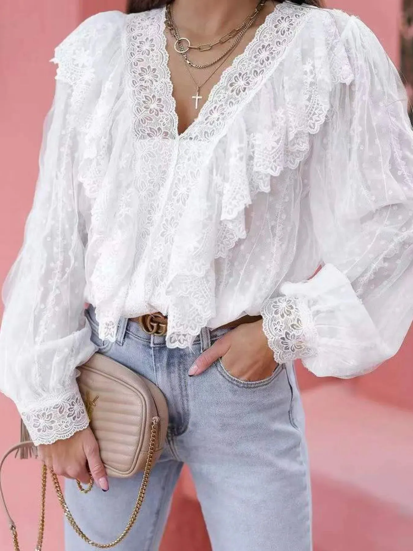 Lace Trim Ruffle V-Neck Long Sleeve Blouse sold by Charming Charlie product image thumbnail 4