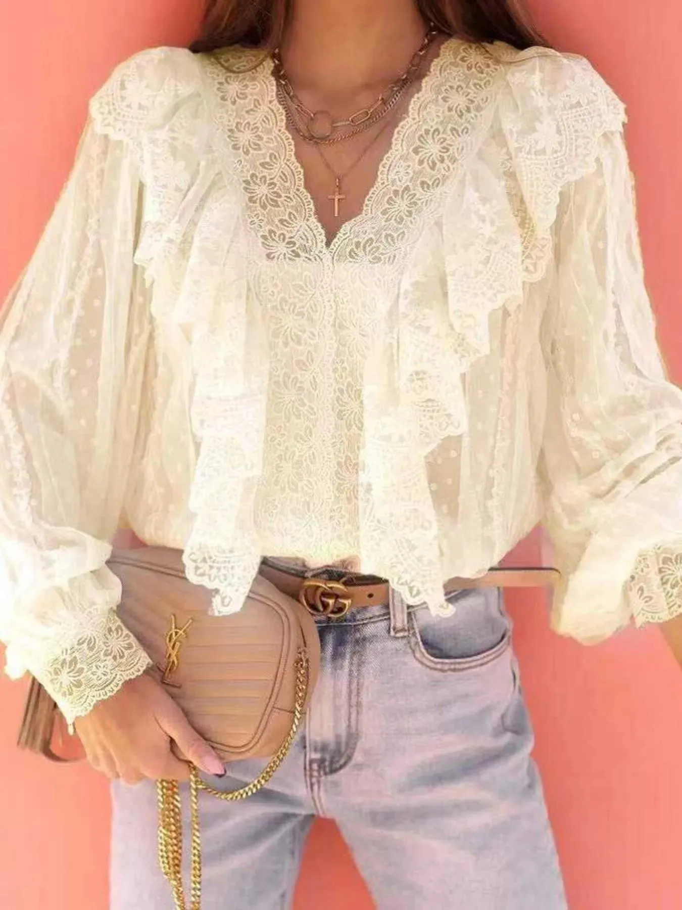 Lace Trim Ruffle V-Neck Long Sleeve Blouse sold by Charming Charlie product image thumbnail 5