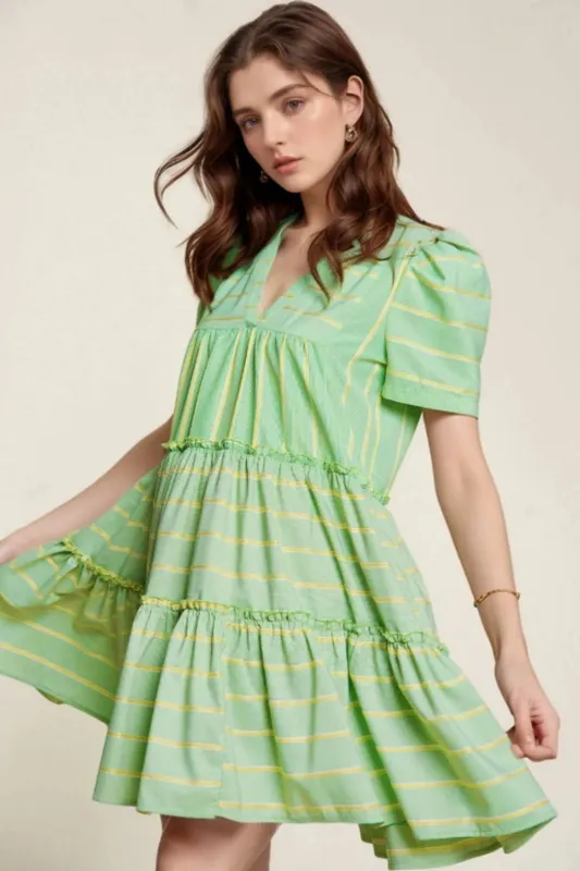 Stripe V Neck Short Sleeve Frilled Detail Dress sold by Charming Charlie