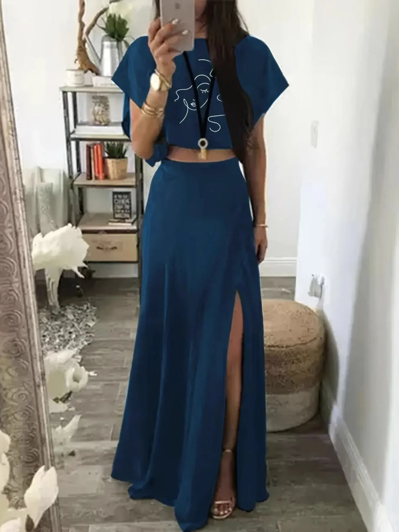 Round Neck Short Sleeve Top and Skirt Set sold by Charming Charlie product image thumbnail 4