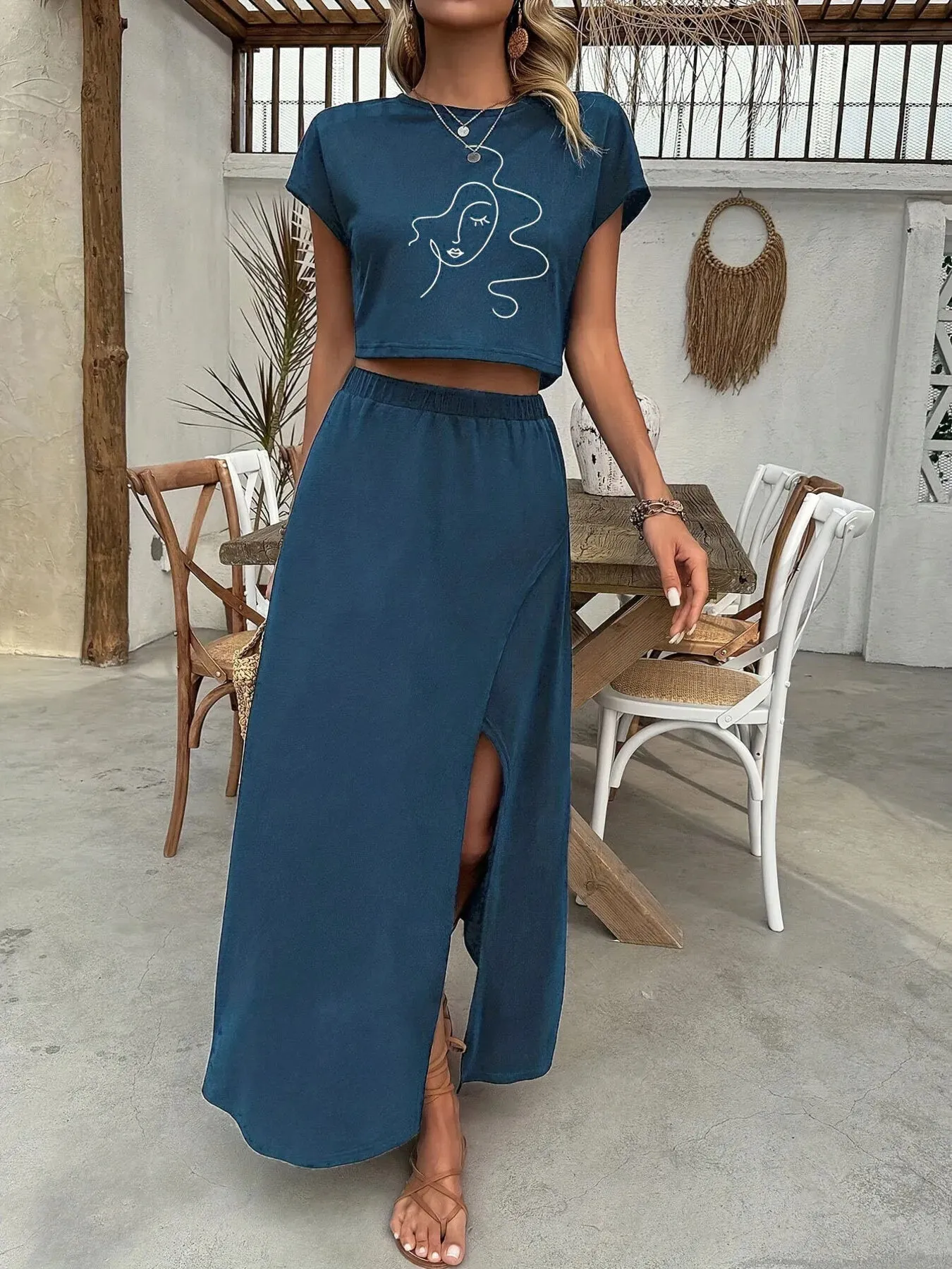 Round Neck Short Sleeve Top and Skirt Set sold by Charming Charlie