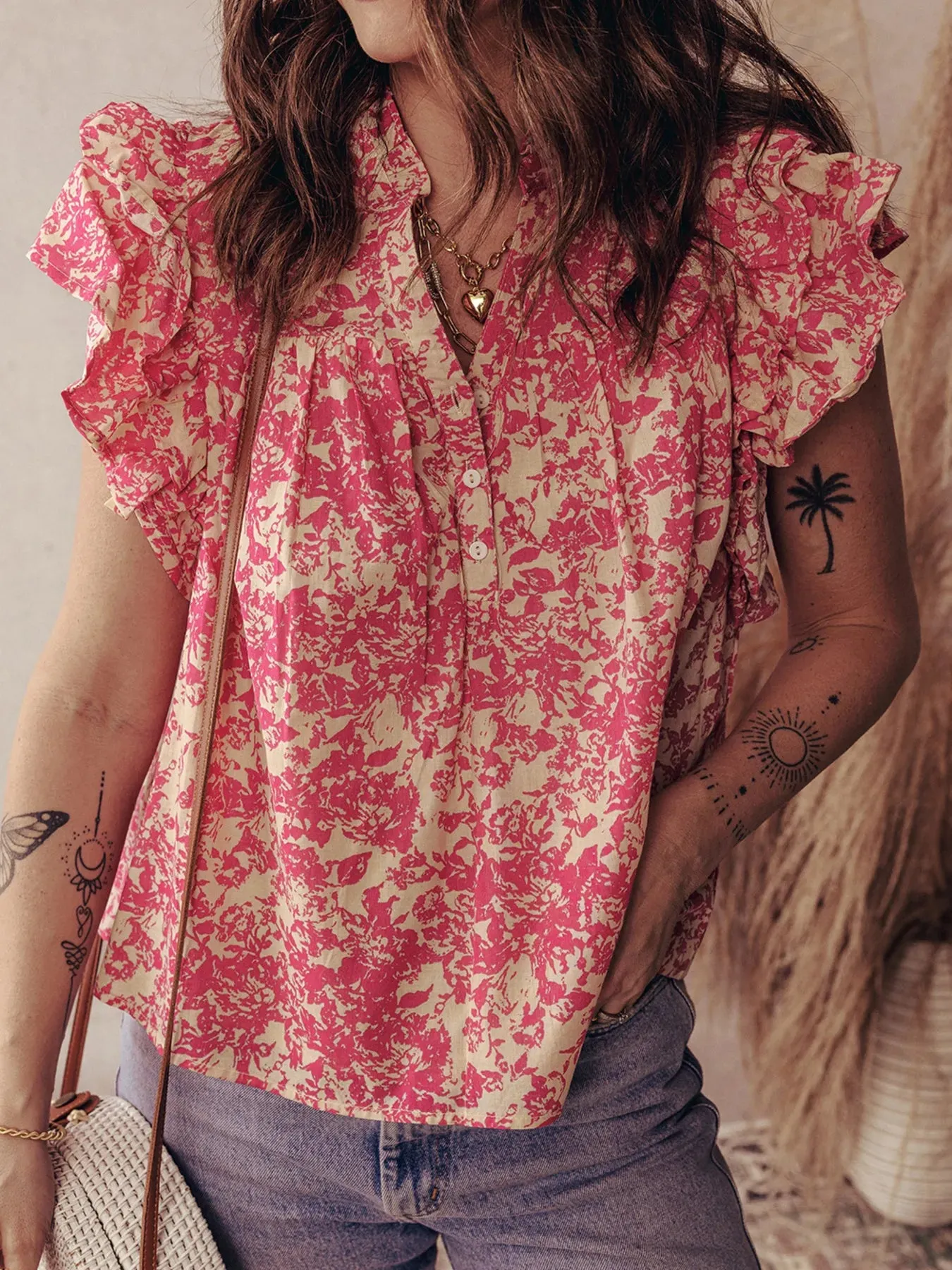 Printed Half Button Neck Ruffle Sleeve Blouse sold by Charming Charlie product image thumbnail 3