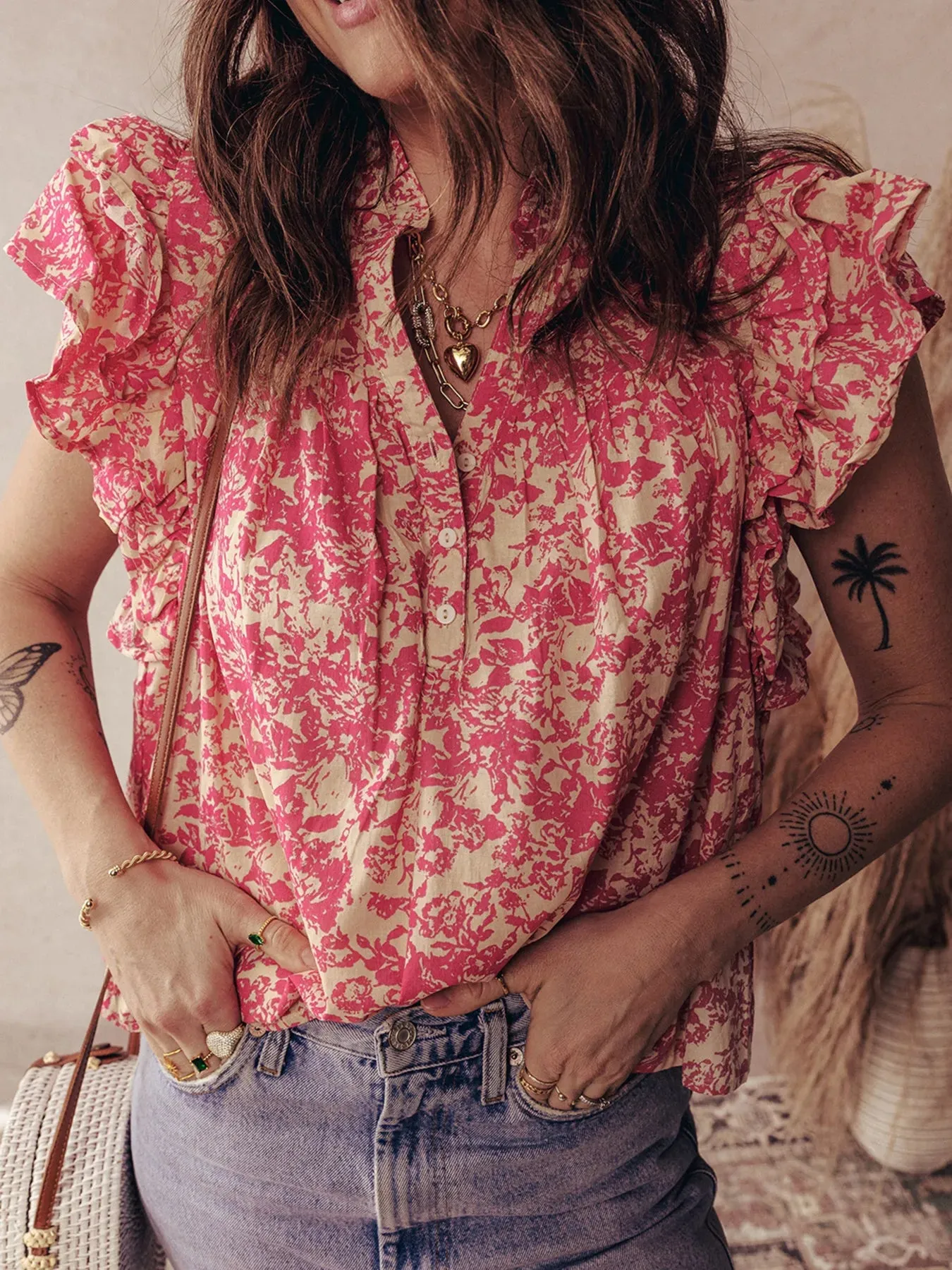 Printed Half Button Neck Ruffle Sleeve Blouse sold by Charming Charlie product image thumbnail 5