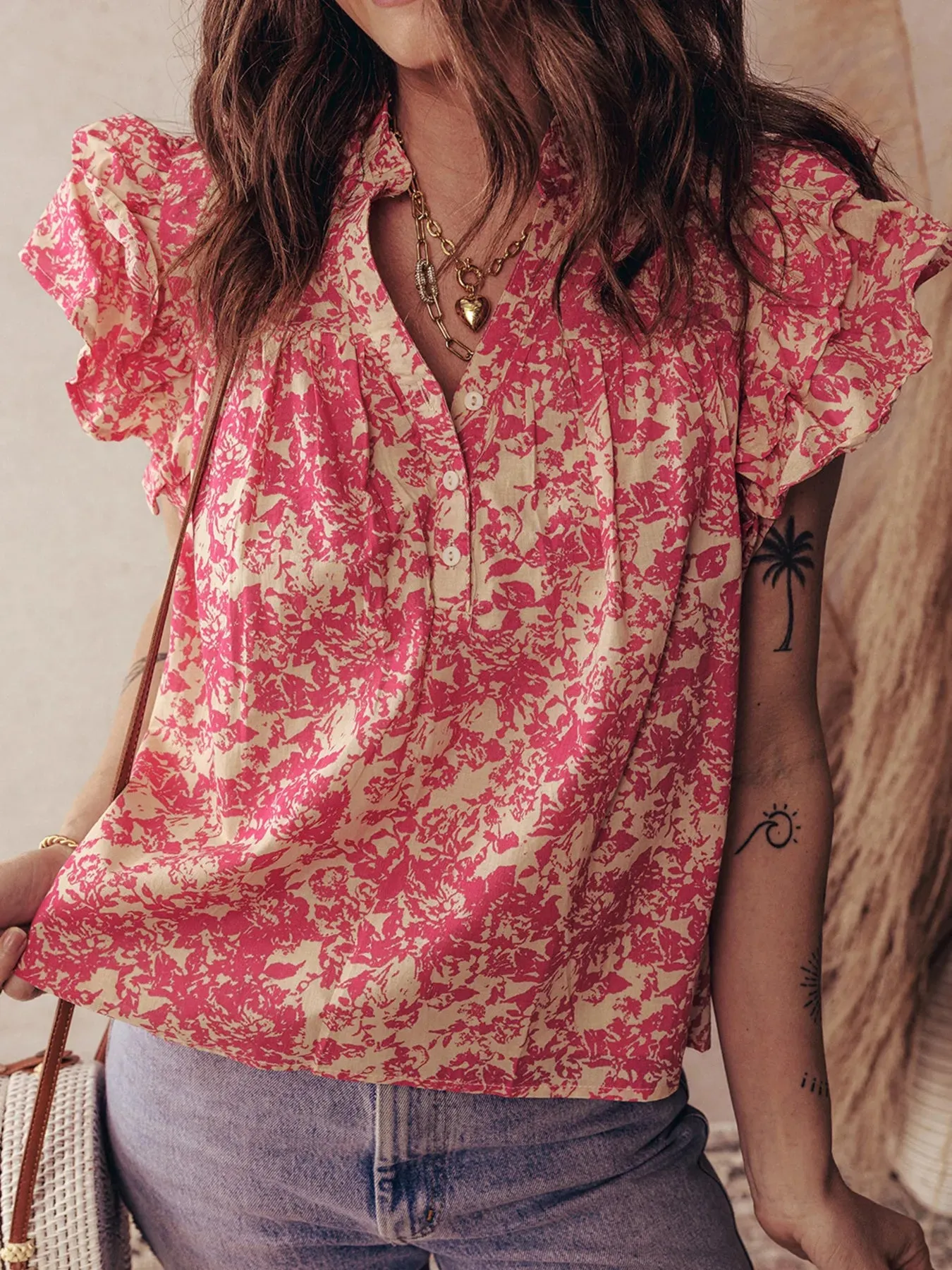 Printed Half Button Neck Ruffle Sleeve Blouse sold by Charming Charlie product image thumbnail 4