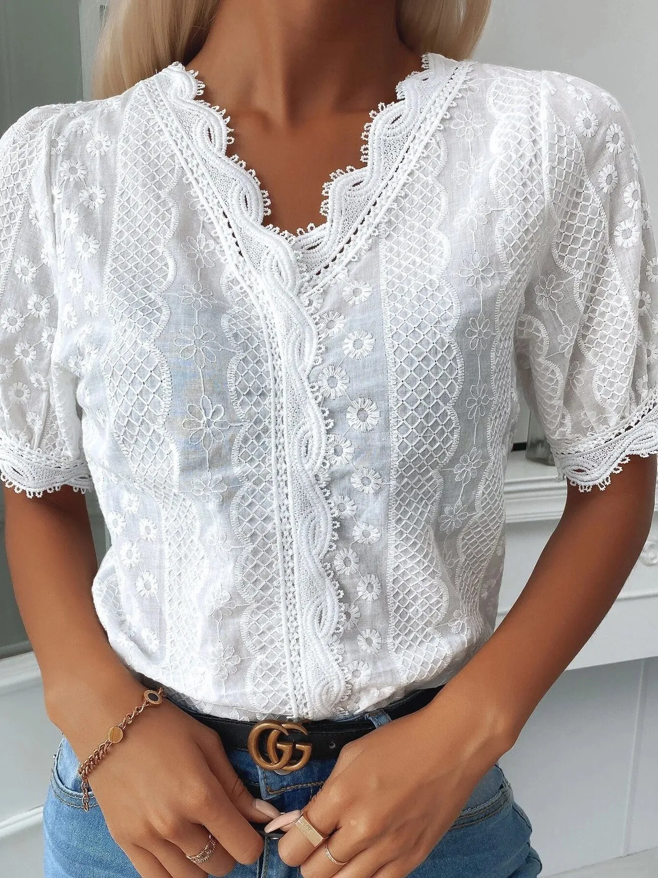 Lace Trim V-Neck Short Sleeve Blouse sold by Charming Charlie product image thumbnail 2