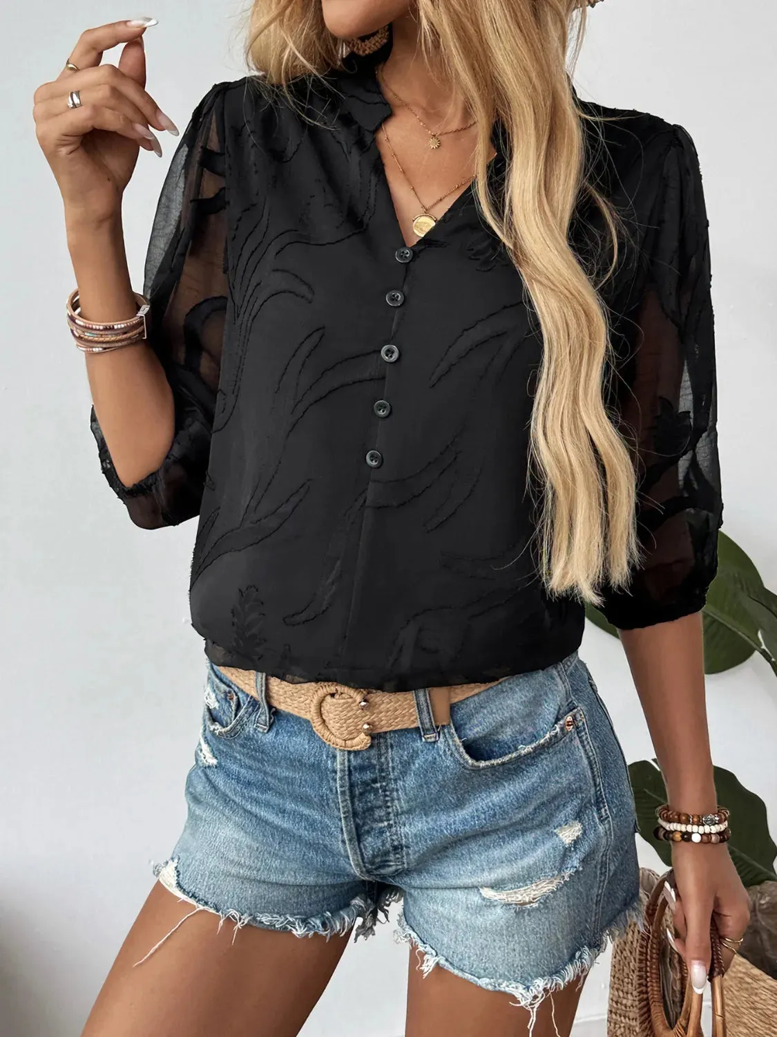 Sheer Notched Button Front Blouse sold by Charming Charlie product image thumbnail 2