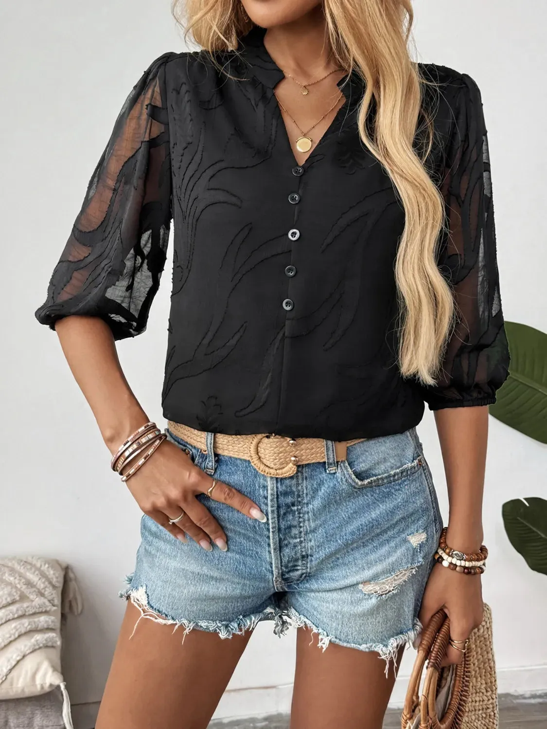 Sheer Notched Button Front Blouse sold by Charming Charlie product image thumbnail 5