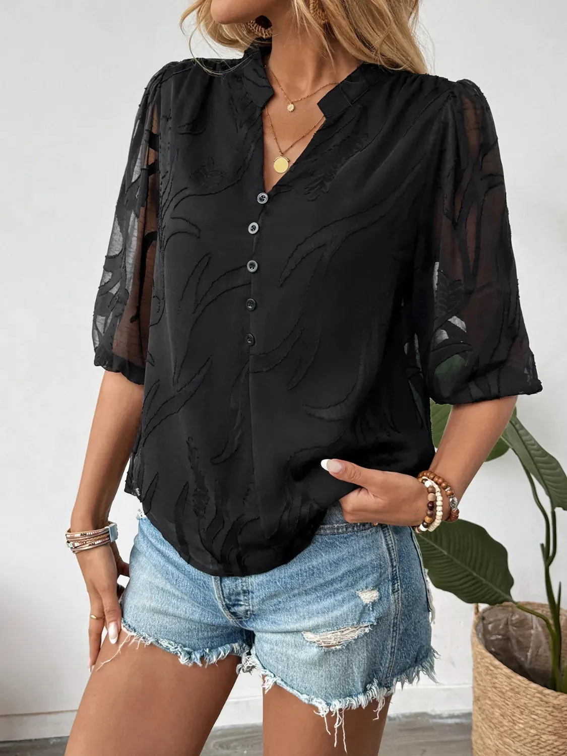 Sheer Notched Button Front Blouse sold by Charming Charlie