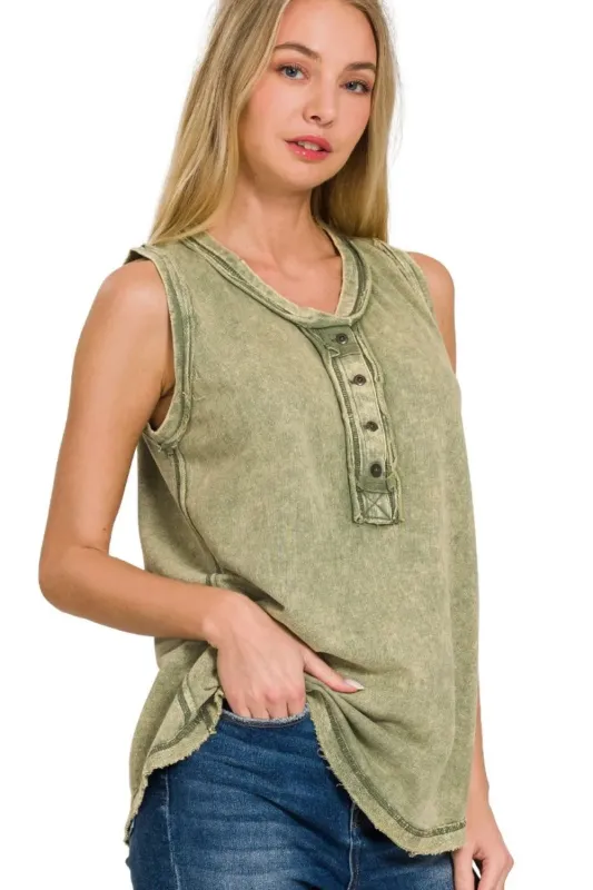 Zenana Washed Half-button Raw Edge Sleeveless Henley Top sold by Charming Charlie