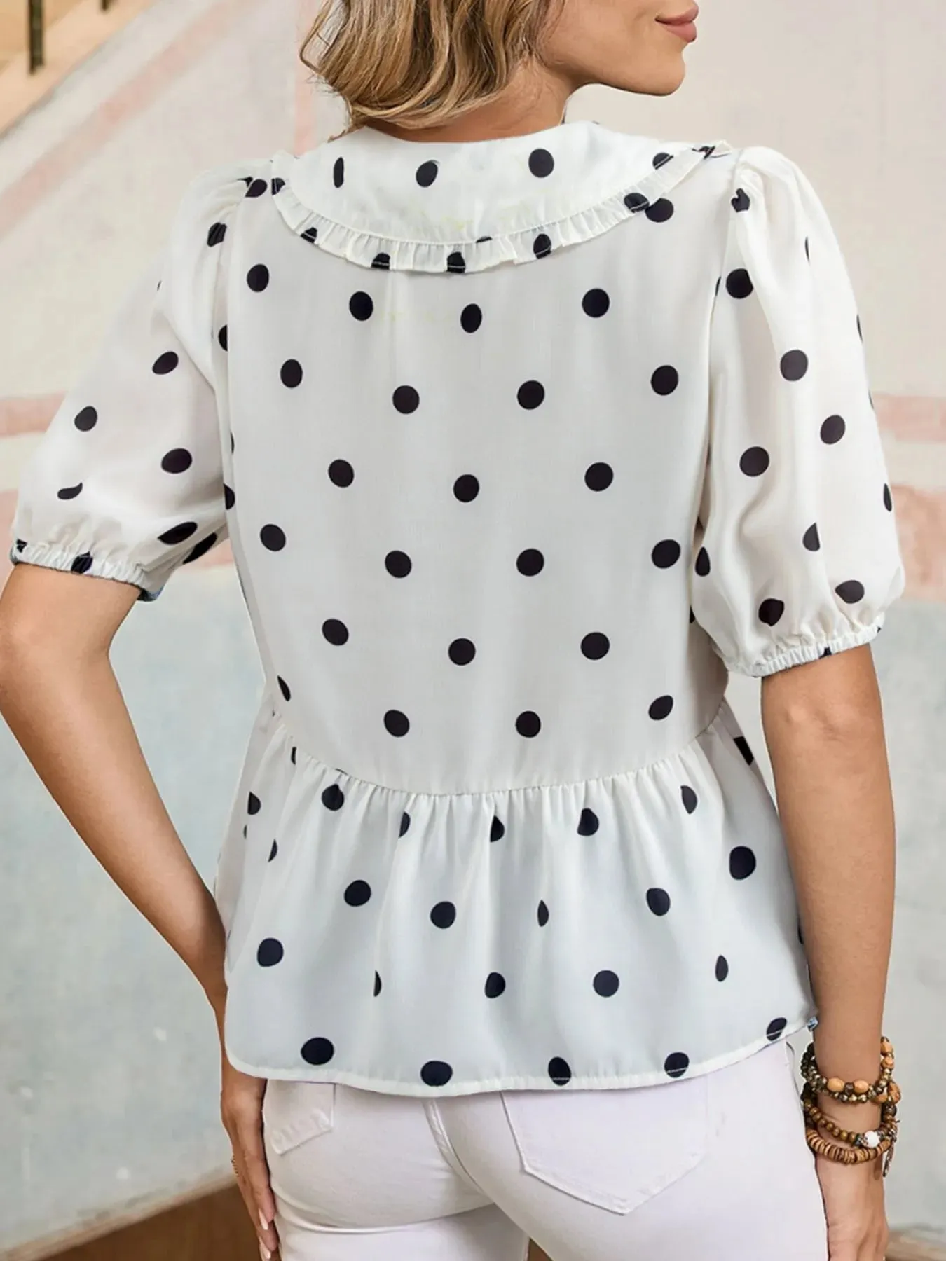 Polka Dot Collared Puff Sleeve Peplum Top sold by Charming Charlie product image thumbnail 2