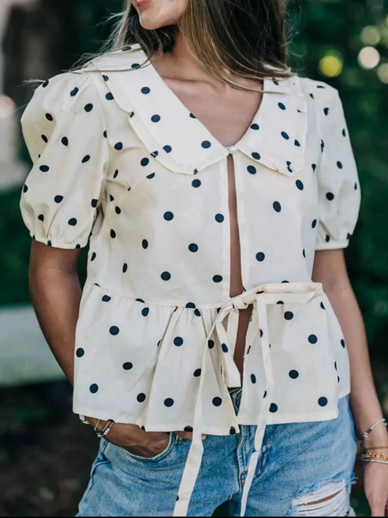 Polka Dot Collared Puff Sleeve Peplum Top sold by Charming Charlie product image thumbnail 4