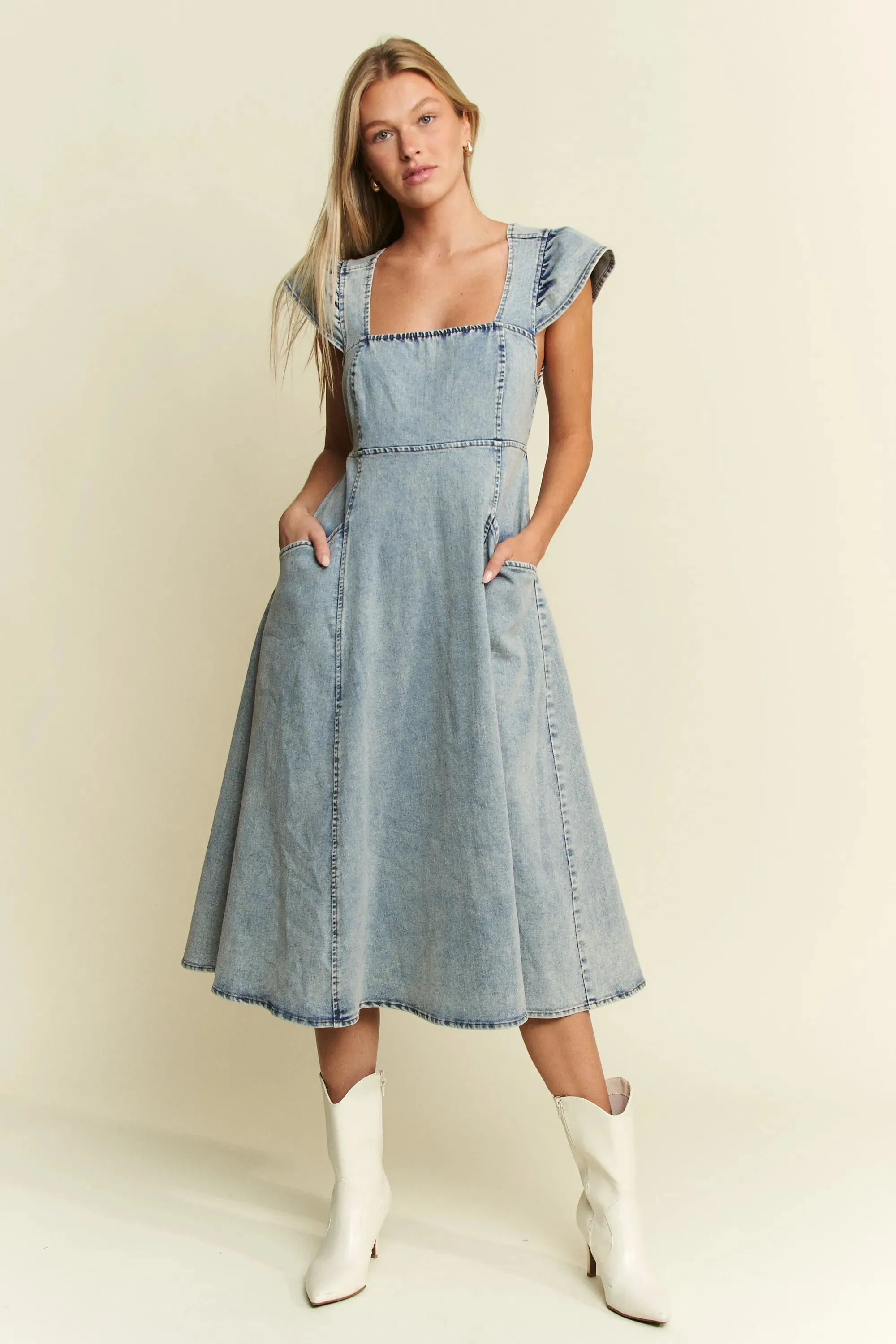 Jade By Jane Full Size Ruffled Denim Midi Dress Plus Size sold by Charming Charlie