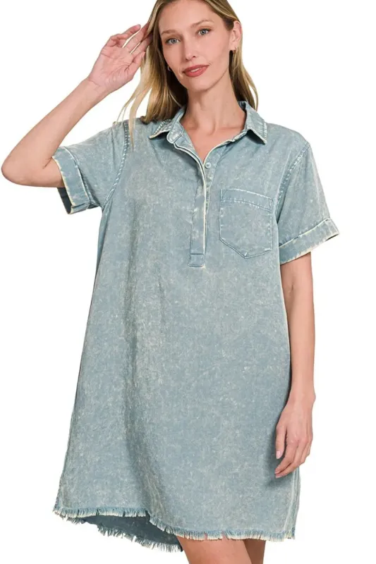 Zenana Tencel Mineral Washed Collared Shirts Dress sold by Charming Charlie