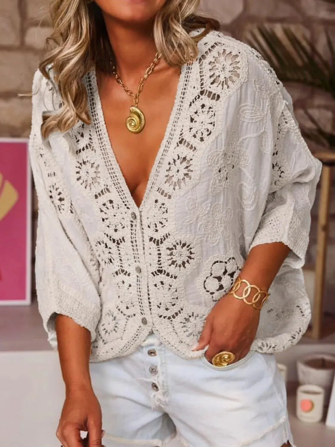 Crochet Lace V-Neck Blouse sold by Charming Charlie product image thumbnail 4