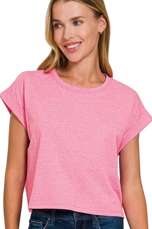 Zenana Rolled Sleeve Crop T-Shirt sold by Charming Charlie