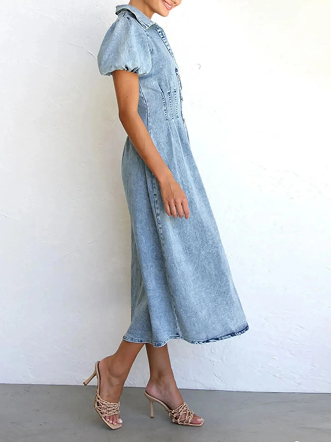 Puff Sleeve Button Front Denim Midi Dress sold by Charming Charlie product image thumbnail 5