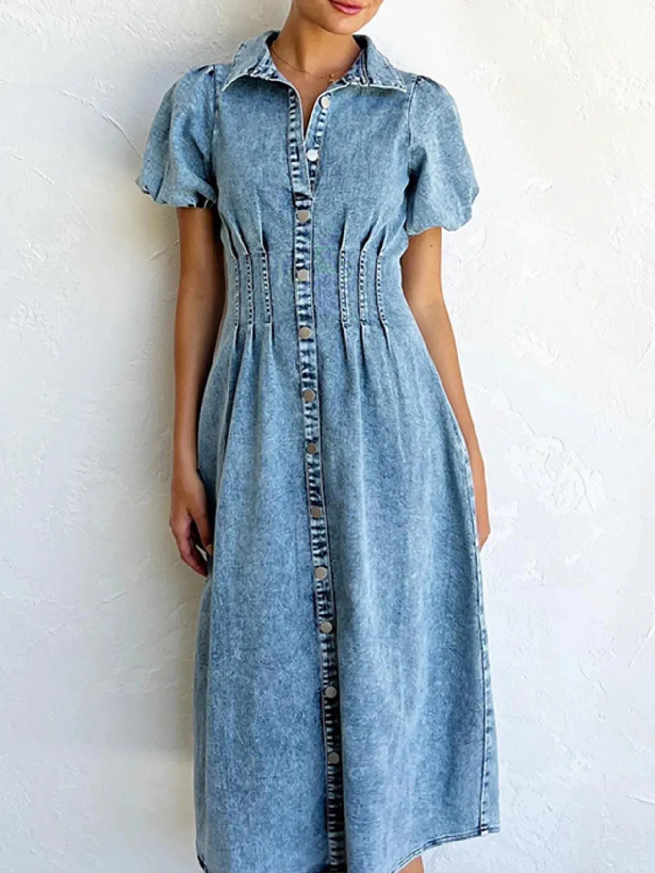 Puff Sleeve Button Front Denim Midi Dress sold by Charming Charlie