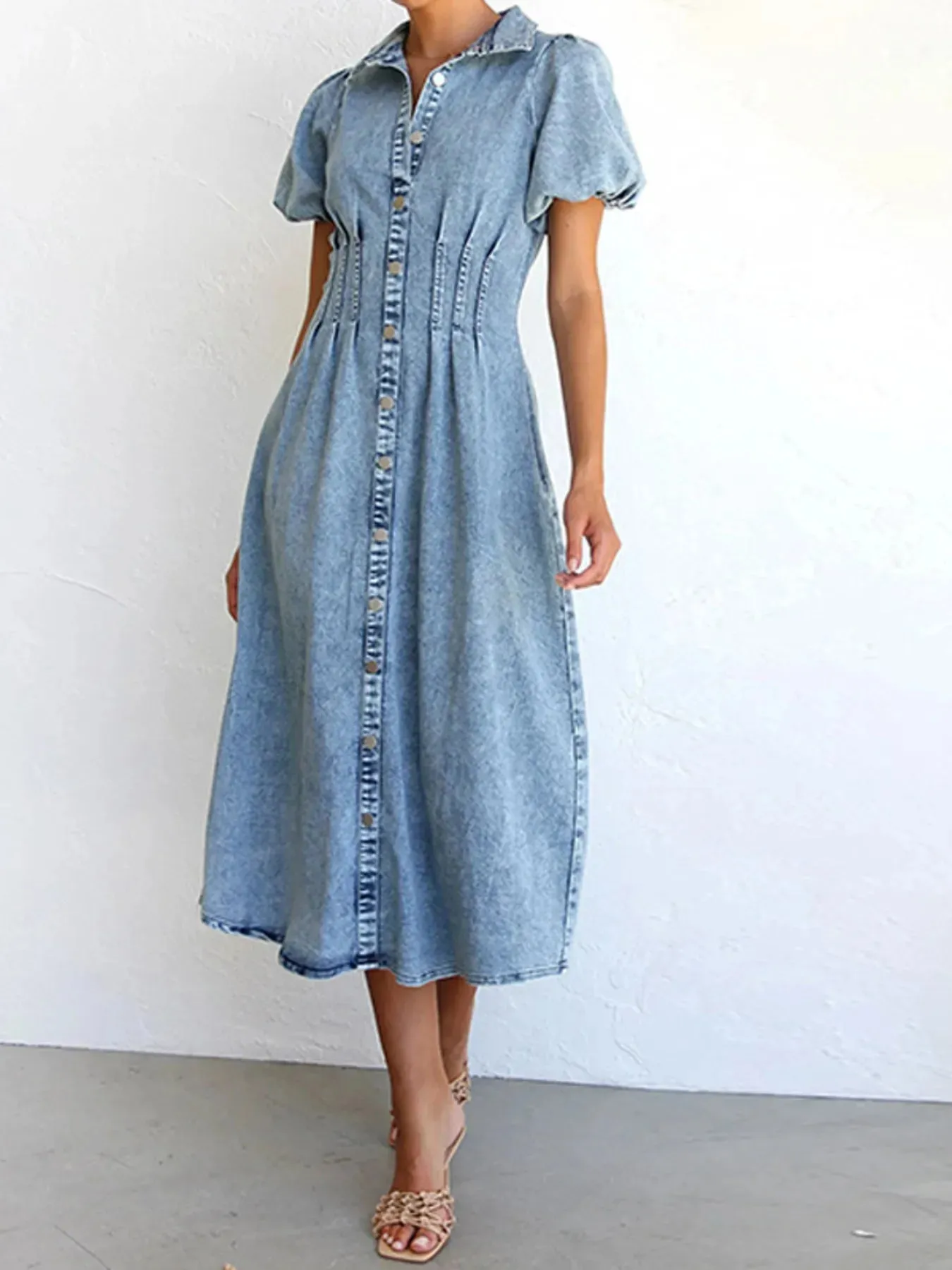 Puff Sleeve Button Front Denim Midi Dress sold by Charming Charlie product image thumbnail 2