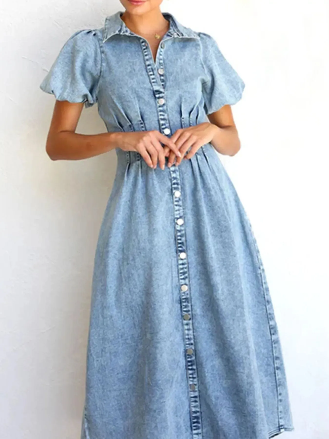 Puff Sleeve Button Front Denim Midi Dress sold by Charming Charlie product image thumbnail 4