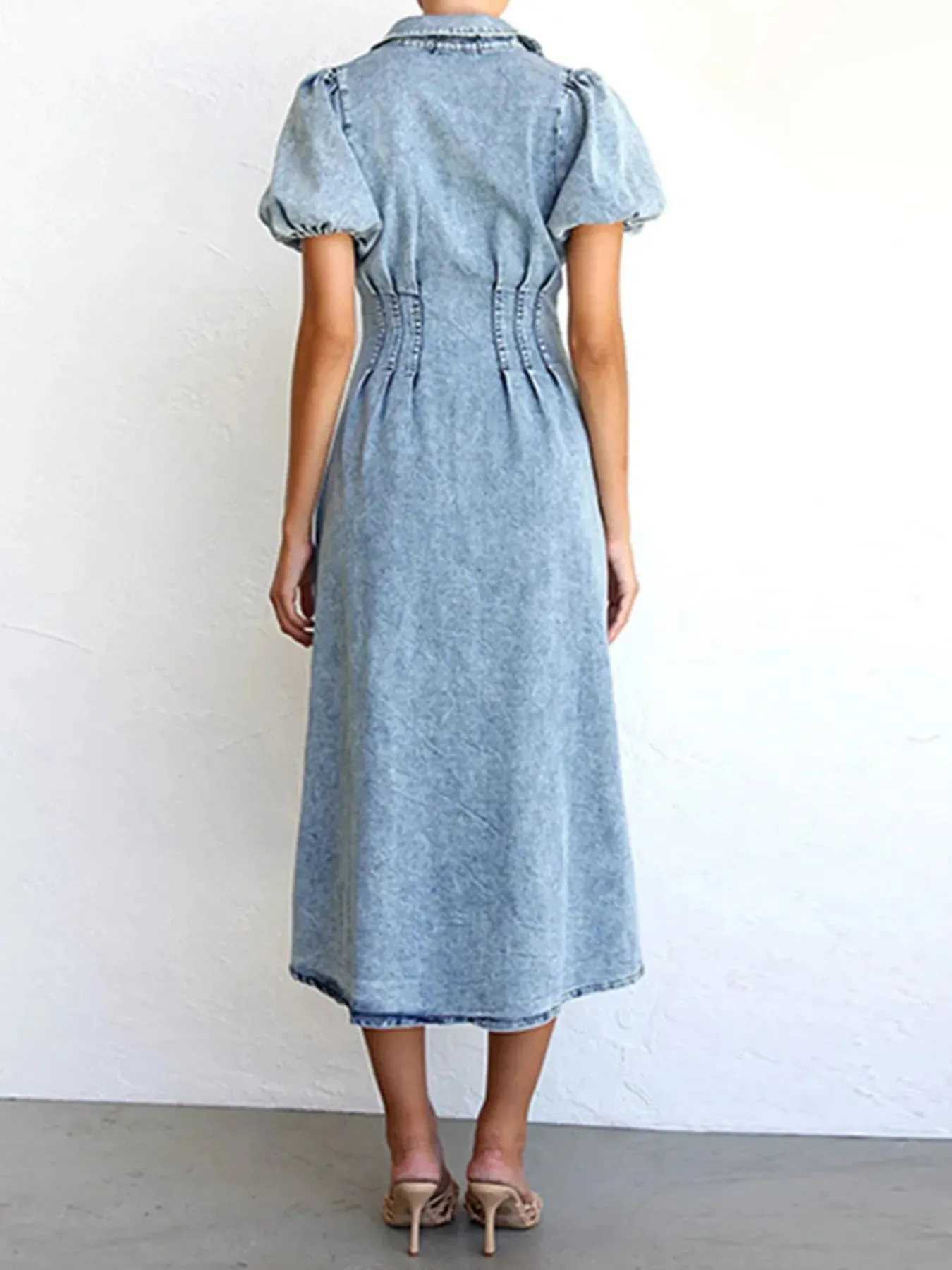 Puff Sleeve Button Front Denim Midi Dress sold by Charming Charlie product image thumbnail 3