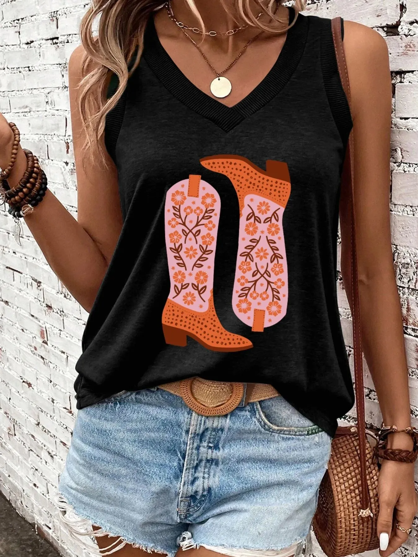 Cowgirl Floral Boots Printed Tank Top sold by Charming Charlie