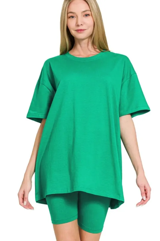 Zenana Cotton Round Neck Top & Biker Shorts sold by Charming Charlie