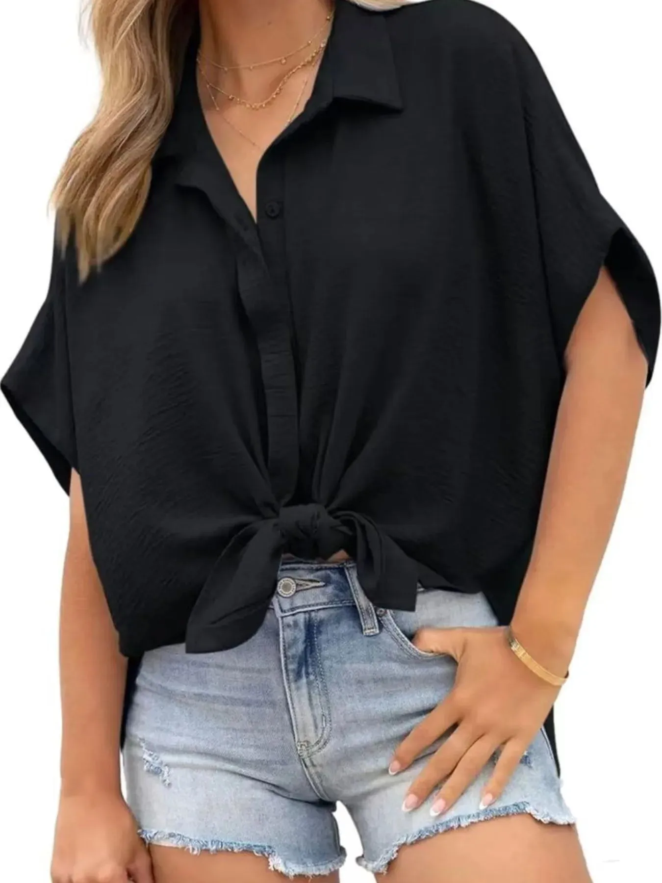 Casual Oversized Button Down Half Sleeve Shirt sold by Charming Charlie product image thumbnail 5