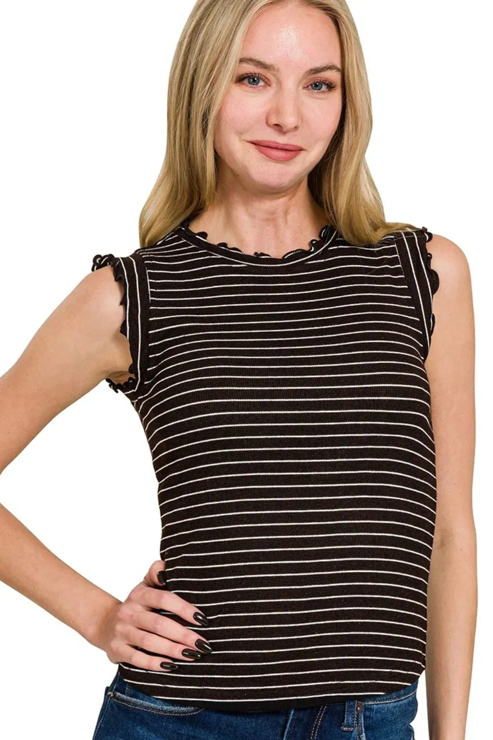Zenana Ribbed Ruffle Trim Sleeveless Stripe Top sold by Charming Charlie