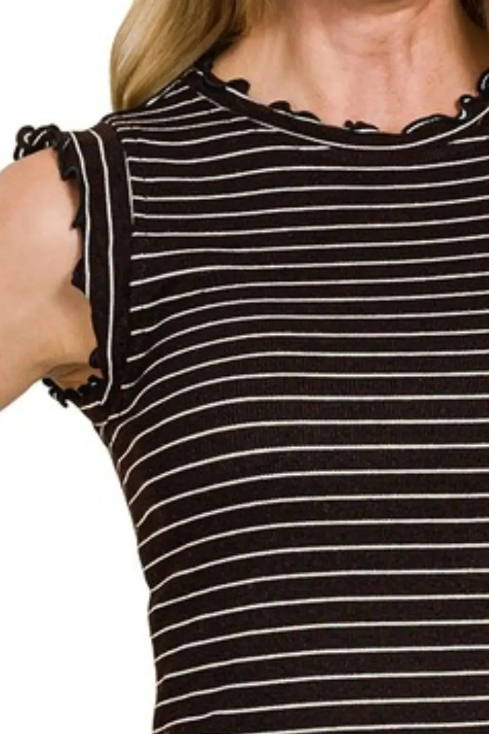 Zenana Ribbed Ruffle Trim Sleeveless Stripe Top sold by Charming Charlie product image thumbnail 3