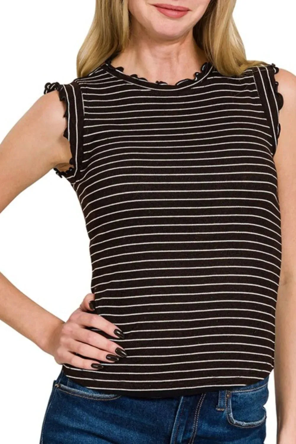 Zenana Ribbed Ruffle Trim Sleeveless Stripe Top sold by Charming Charlie product image thumbnail 2