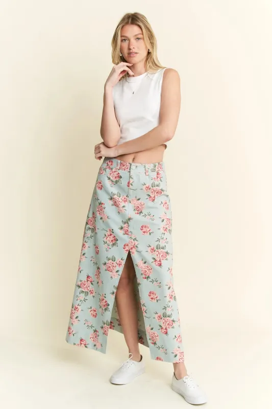 Jade By Jane Full Size Floral Print Front Slit Denim Maxi Skirt Plus Size sold by Charming Charlie