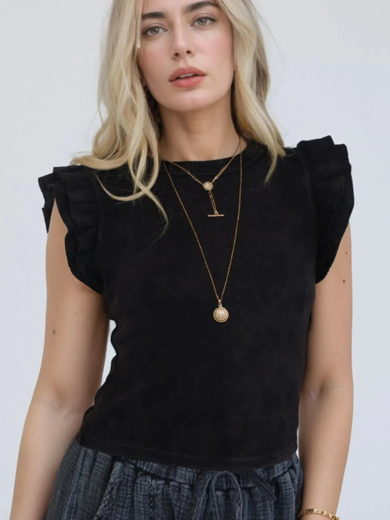 Ruffled Crew Neck Slim Fit Top sold by Charming Charlie product image thumbnail 2