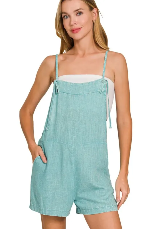 Zenana Washed Linen Knot Strap Rompers sold by Charming Charlie