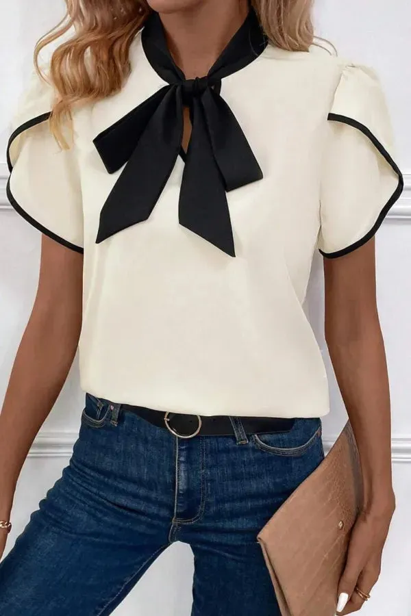 Bow Tie Contrast Short Sleeve Blouse sold by Charming Charlie
