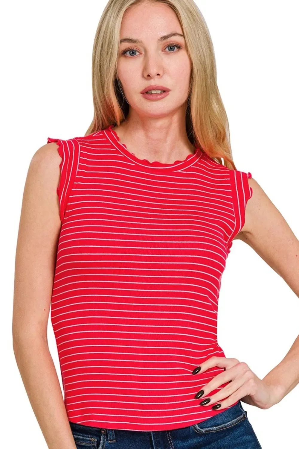 Zenana Ribbed Ruffle Trim Sleeveless Stripe Top sold by Charming Charlie