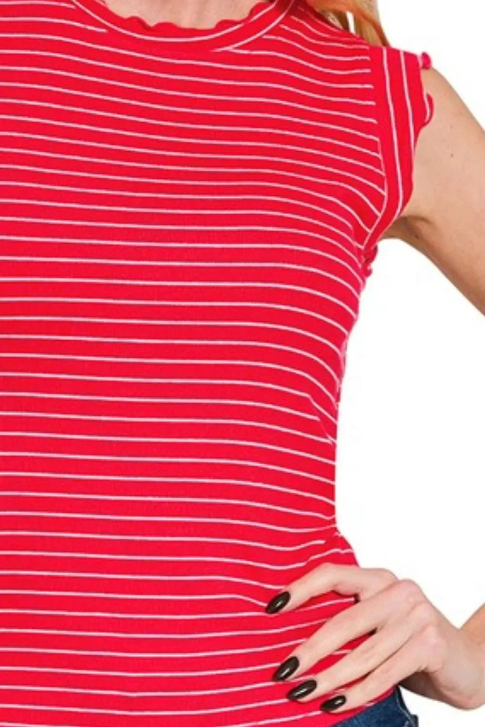 Zenana Ribbed Ruffle Trim Sleeveless Stripe Top sold by Charming Charlie product image thumbnail 3