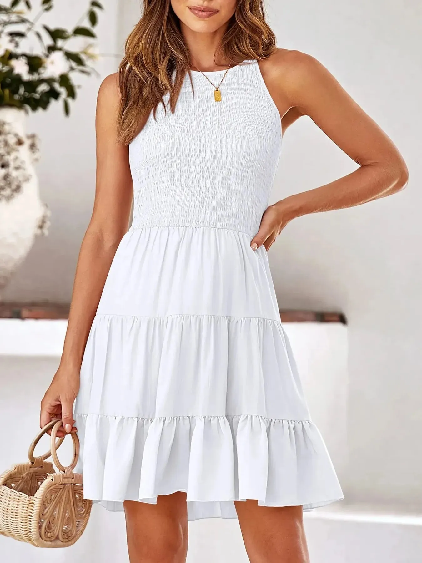 Full Size Sleeveless Smocked Tiered Summer Flare Dress Plus Size sold by Charming Charlie