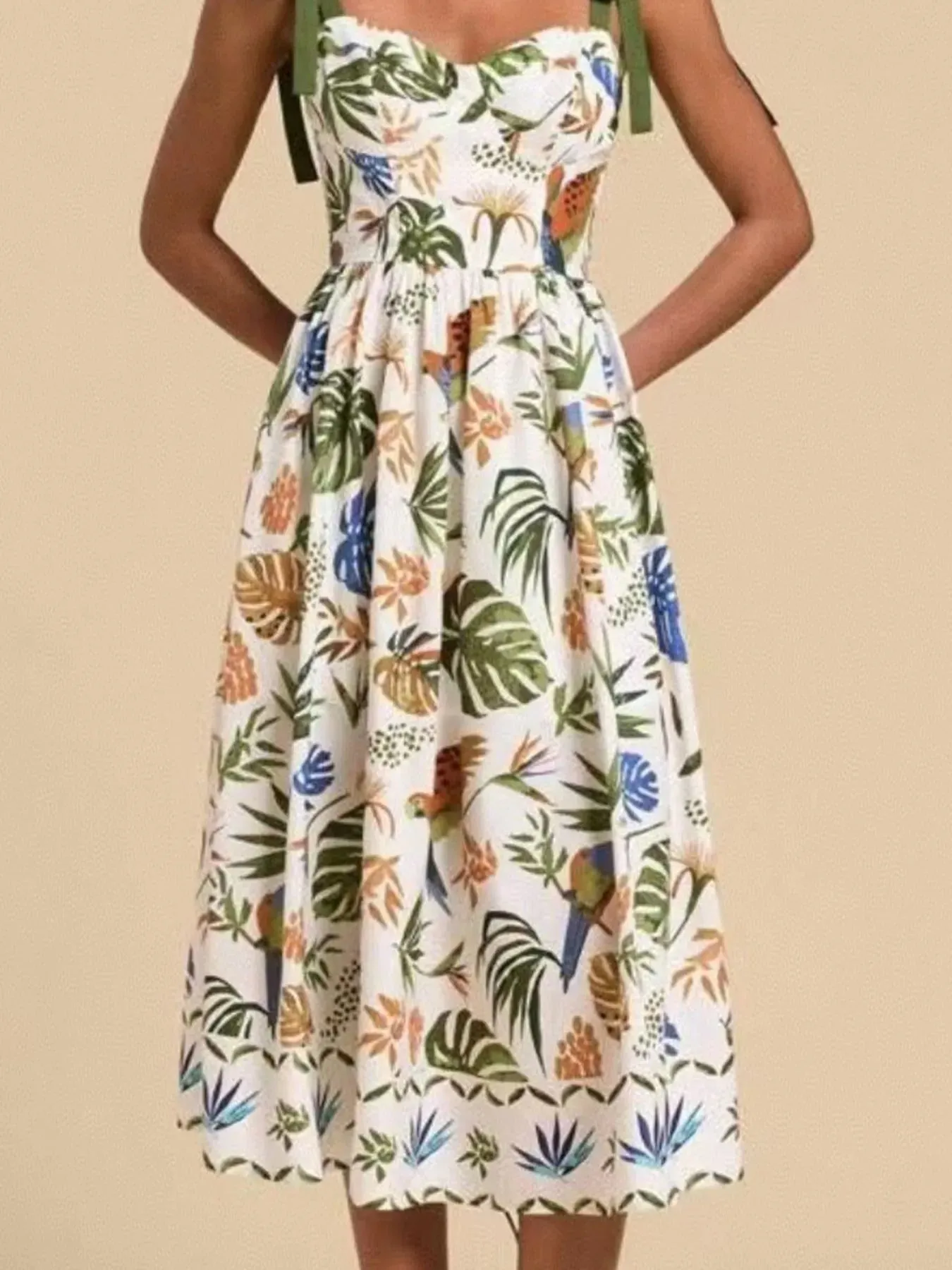 Tropical Print Tie-Shoulder Sweetheart Neck Midi Dress sold by Charming Charlie product image thumbnail 4