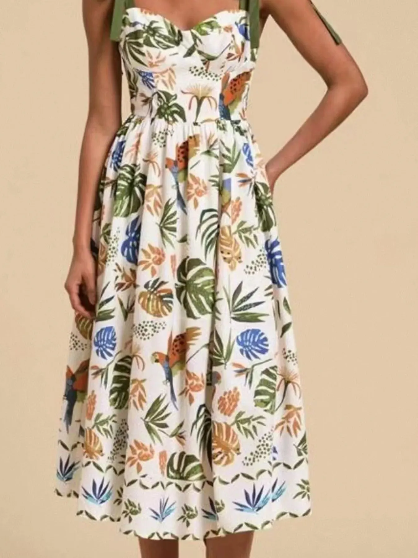 Tropical Print Tie-Shoulder Sweetheart Neck Midi Dress sold by Charming Charlie product image thumbnail 5