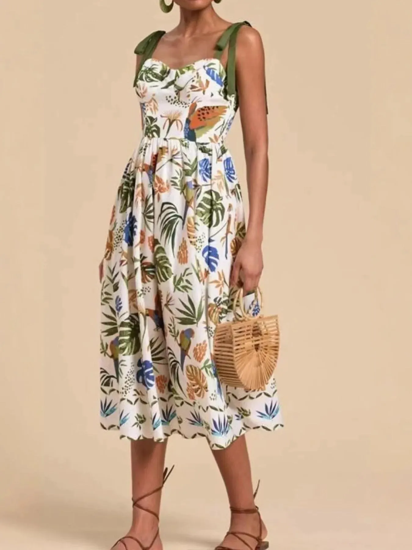 Tropical Print Tie-Shoulder Sweetheart Neck Midi Dress sold by Charming Charlie product image thumbnail 2